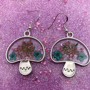 Handmade Pressed Flower Mushroom Resin Sterling Silver Earrings